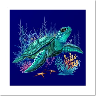 Sea turtle watercolor Style Summer Ocean Vibes Posters and Art